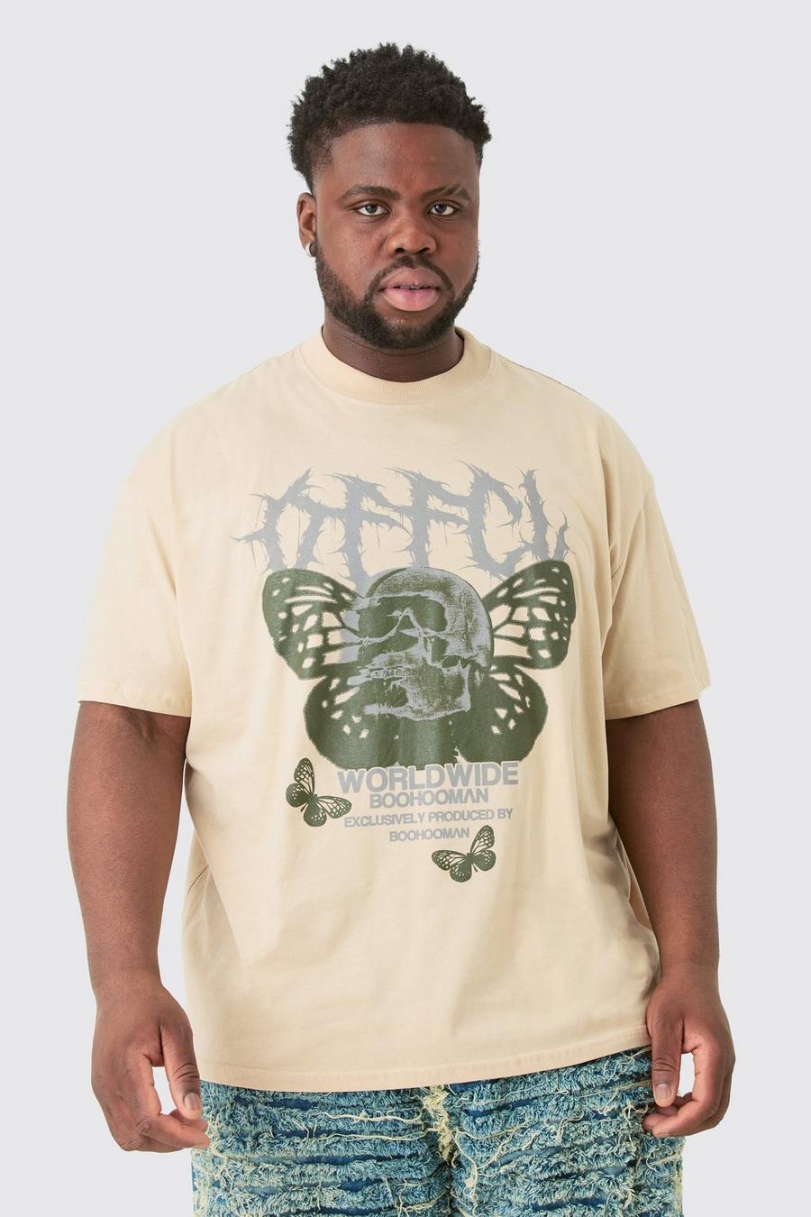 T-shirt Plus Size con grafica di teschio e farfalle, Sand