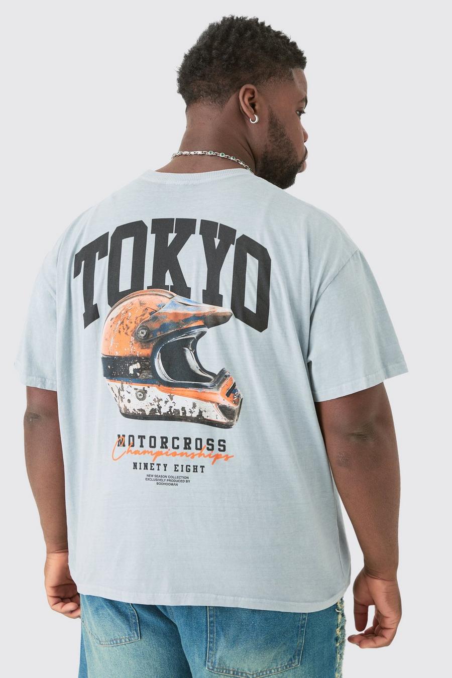 Camiseta Plus oversize con estampado gráfico de Tokyo Moto en la espalda, Grey