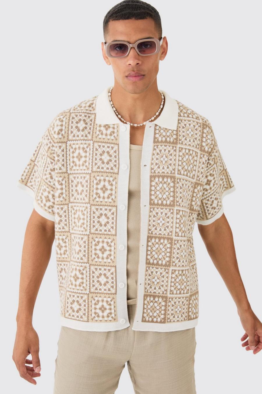 Camicia squadrata oversize in maglia all’uncinetto, Stone image number 1