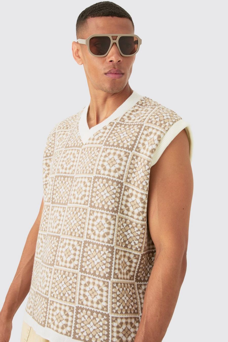 White Oversized V Neck Crochet Knitted Tank image number 1