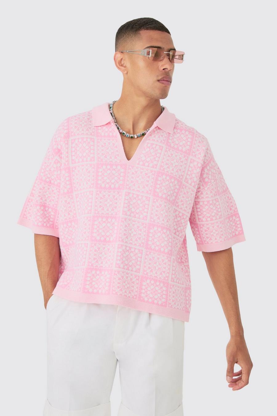 Pink Oversized Boxy Crochet Knitted Polo image number 1