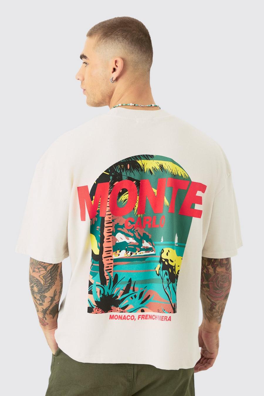 Ecru Oversized Boxy Monte Carlo Print Wash Back Print T-shirt