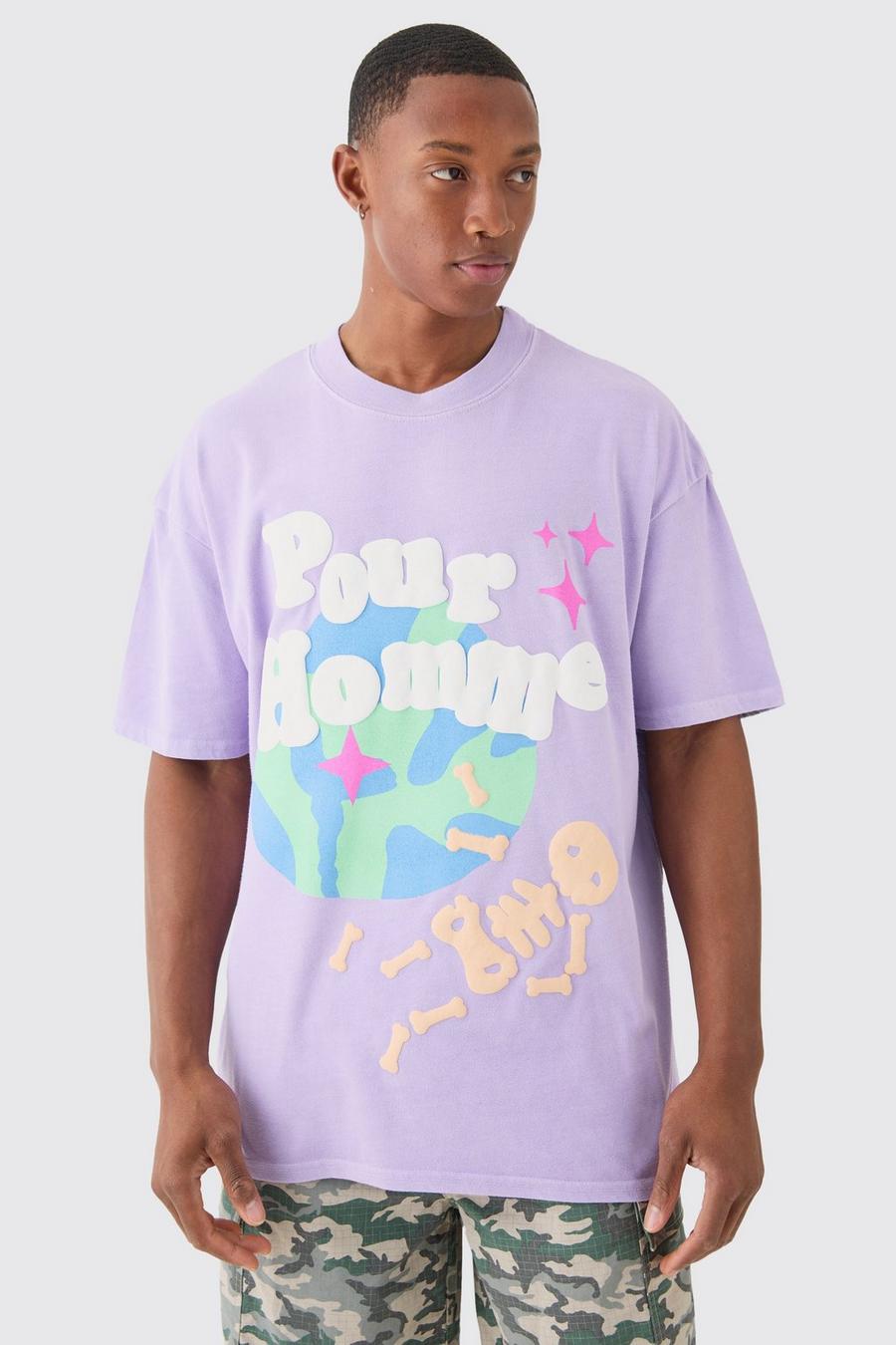 T-shirt oversize in lavaggio spaziale con stampa a caratteri arrotondati e girocollo esteso, Purple image number 1