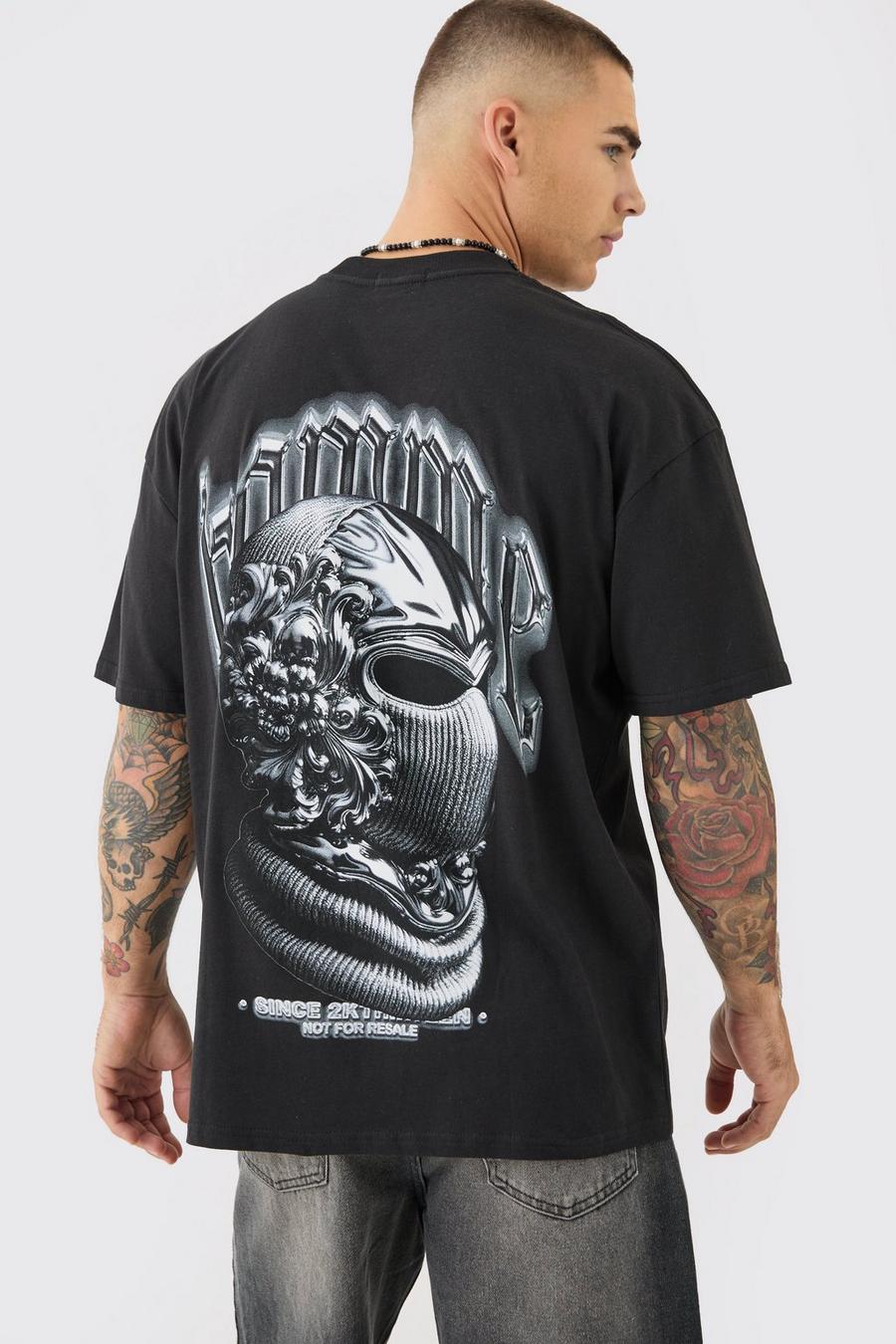 Black Oversized Extended Neck Mask Back Graphic T-shirt