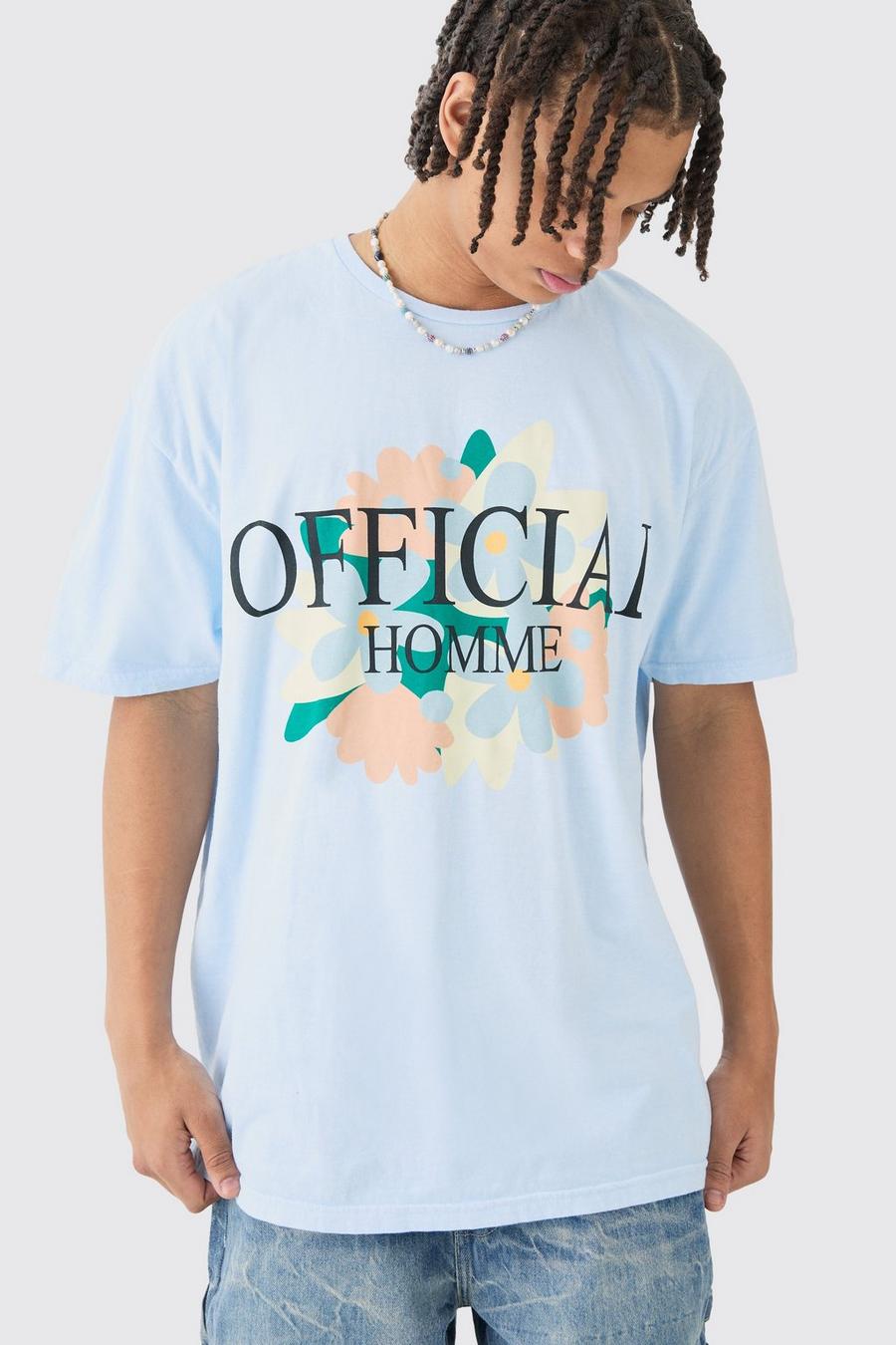 Blue Oversize t-shirt med hög hals och blommor image number 1