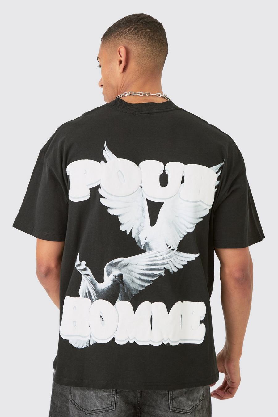 Camiseta oversize con estampado de paloma en relieve, Black image number 1