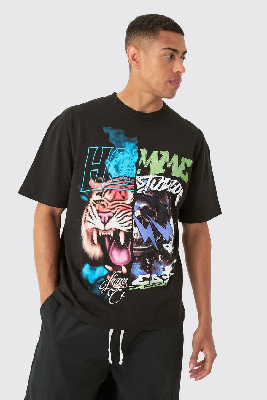 Black Oversized Spliced Tiger Space Graphic T-shirt