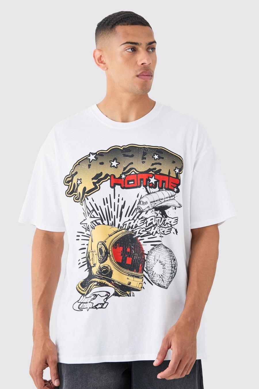 T-shirt oversize con grafica Disco e astronauta, White image number 1