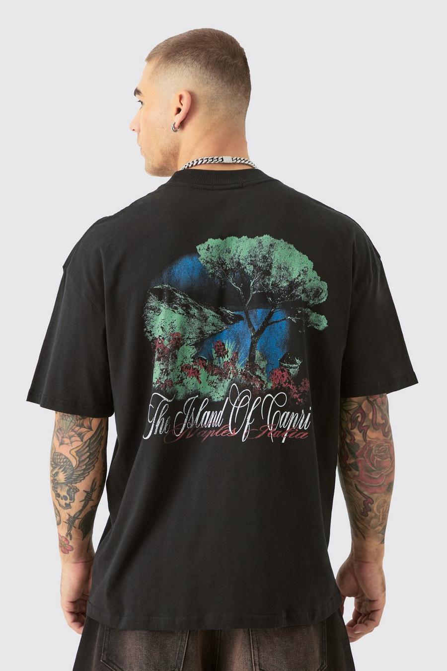 Black Oversized Extended Neck Capri Back Print T-shirt