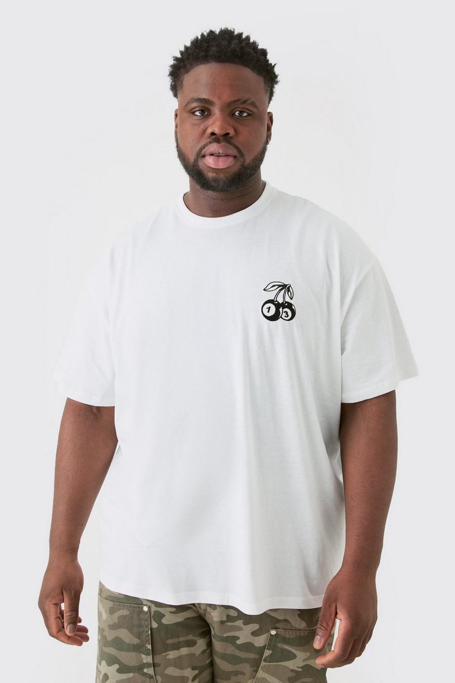 Camiseta Plus oversize blanca con bordado de dados y cerezas, White image number 1