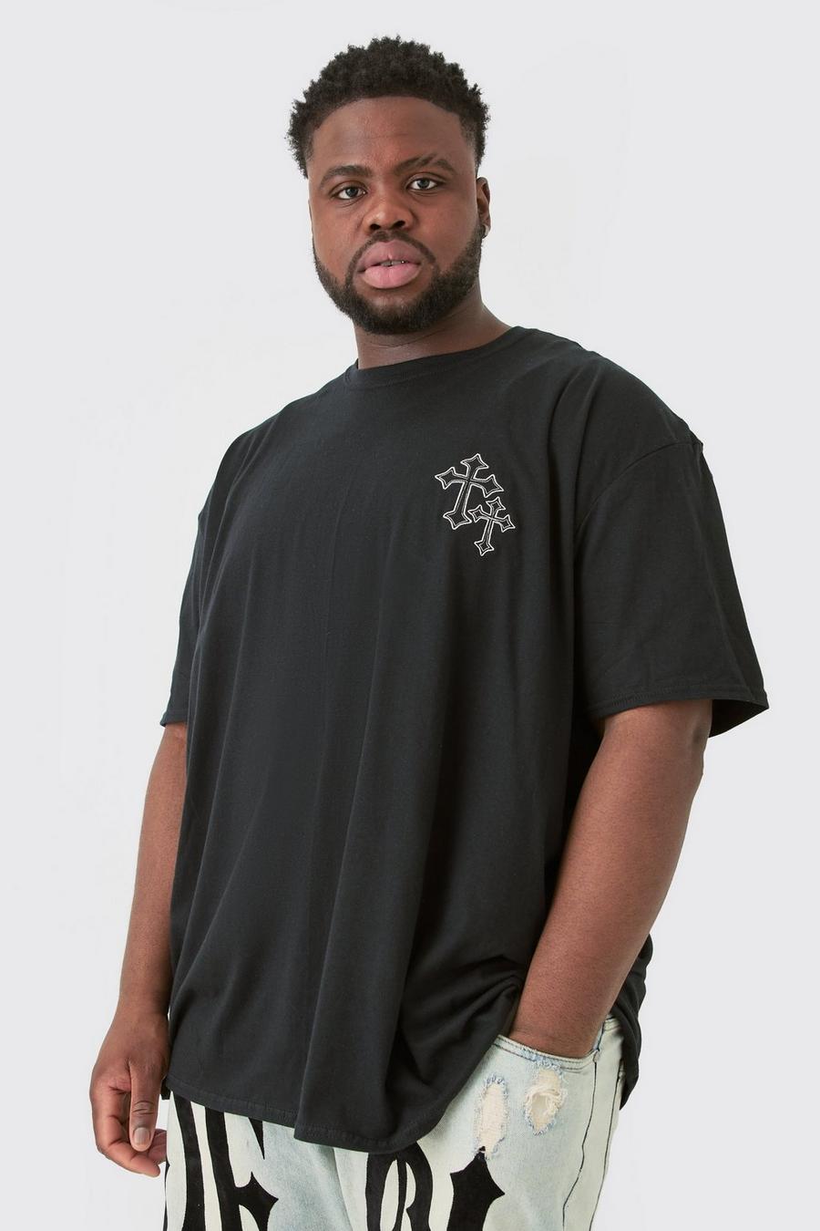 Camiseta Plus oversize negra con bordado de cruz, Black image number 1