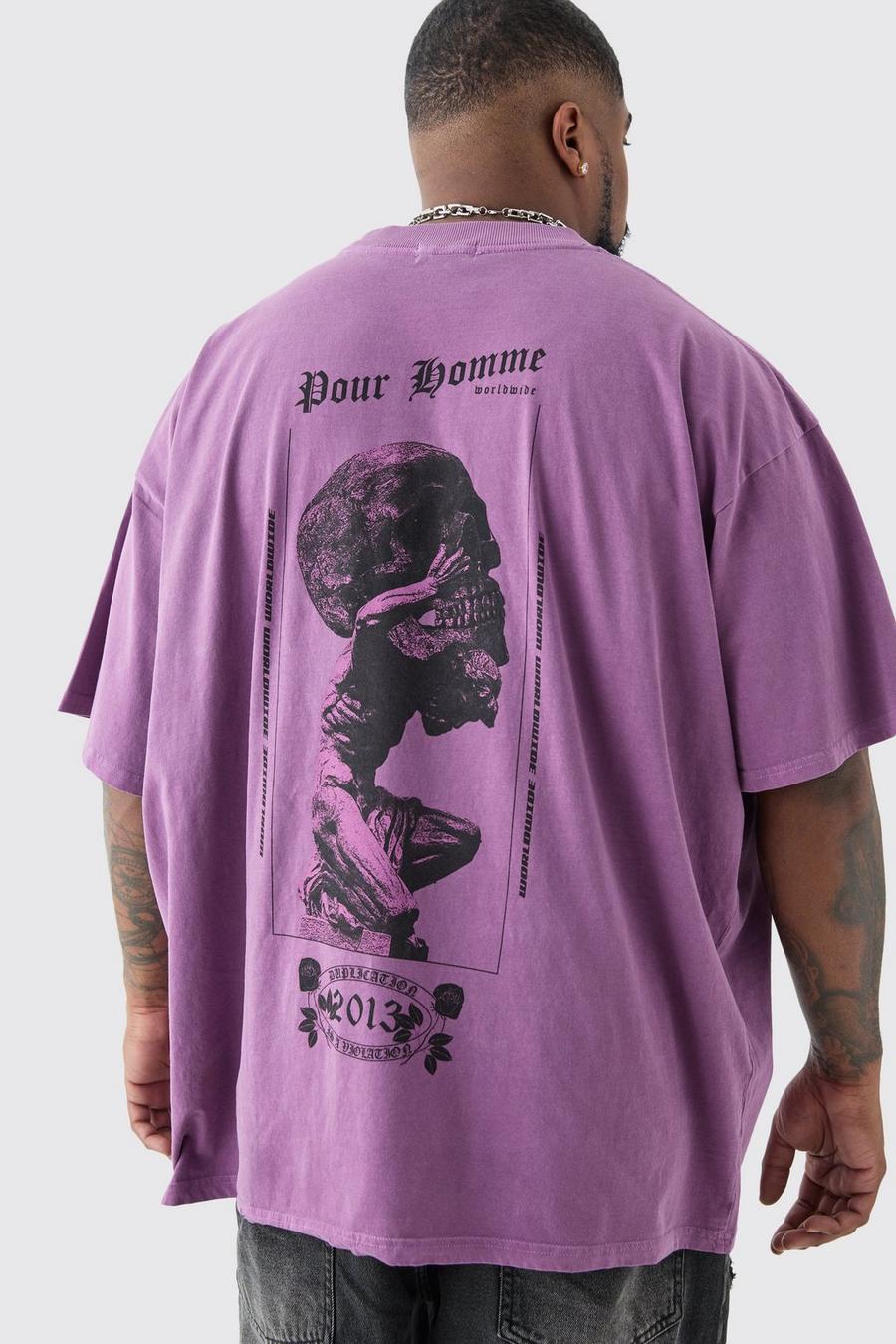 Camiseta Plus oversize con cuello extendido y estampado gráfico sobreteñido de calavera, Purple