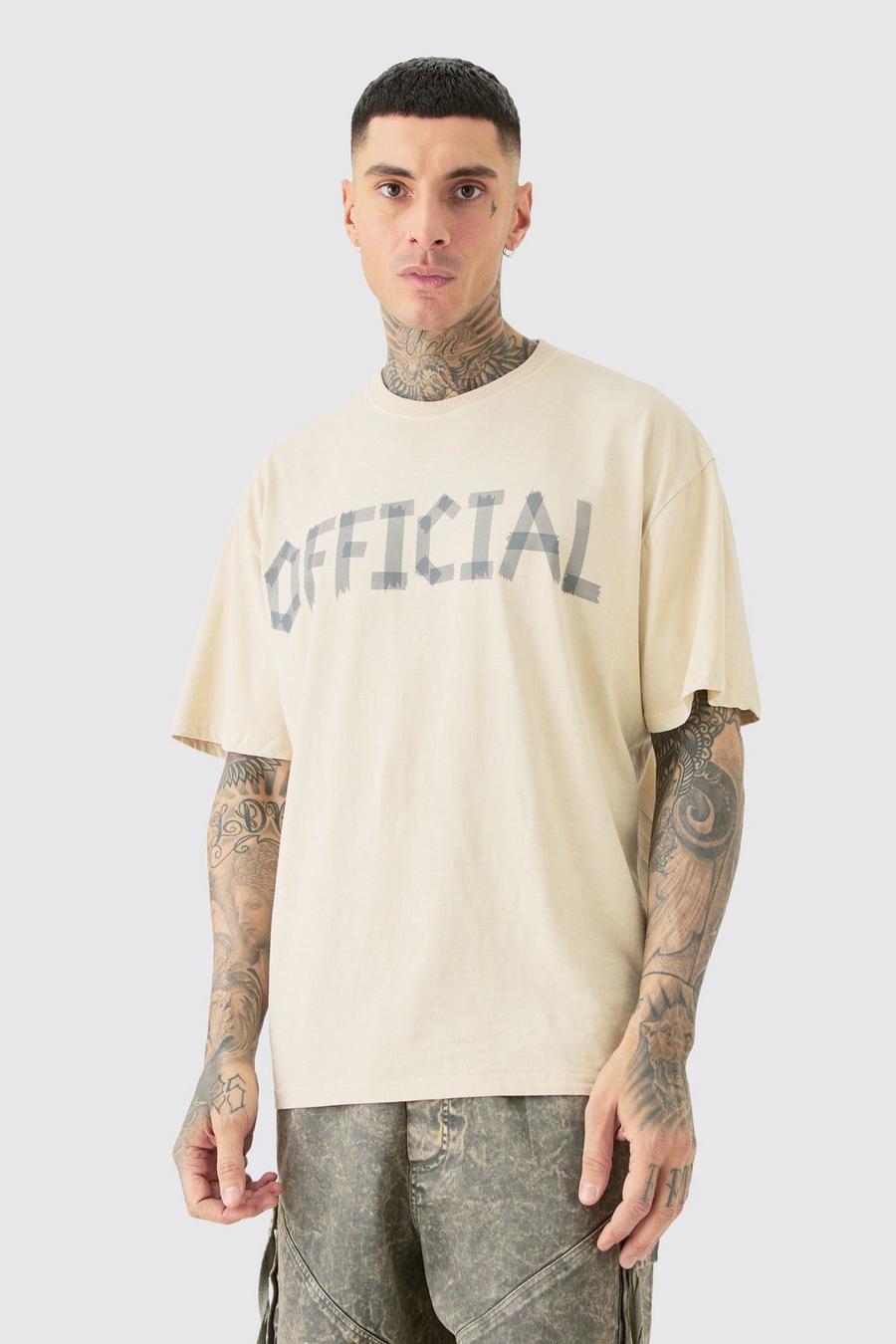 Camiseta Tall oversize sobreteñida con estampado Official, Sand image number 1
