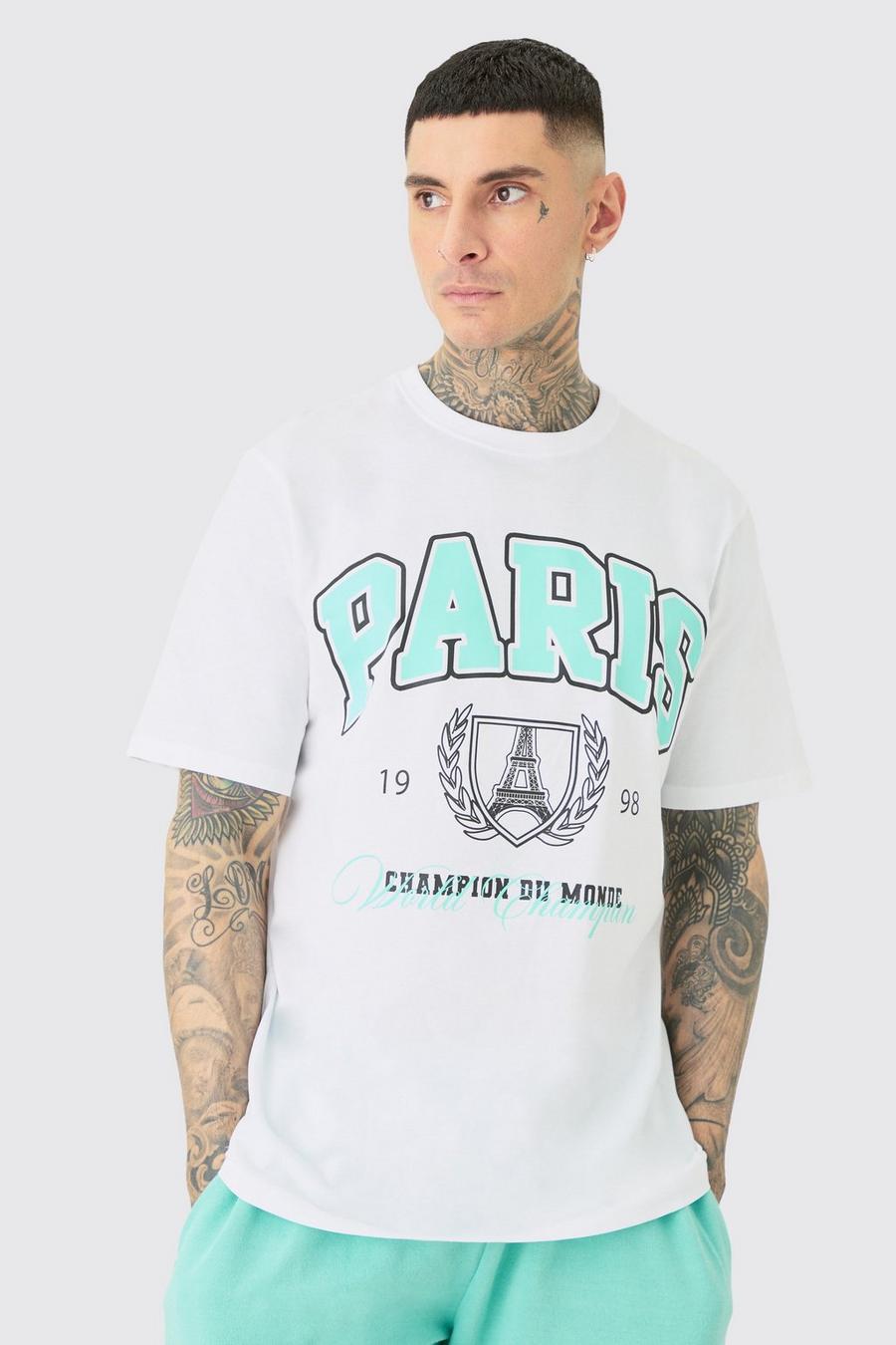 T-shirt Tall con stampa Paris stile Varsity, White image number 1