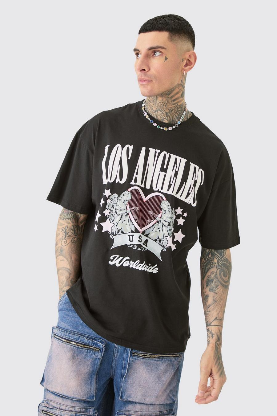 Camiseta Tall oversize negra con estampado de Los Angeles, Black image number 1