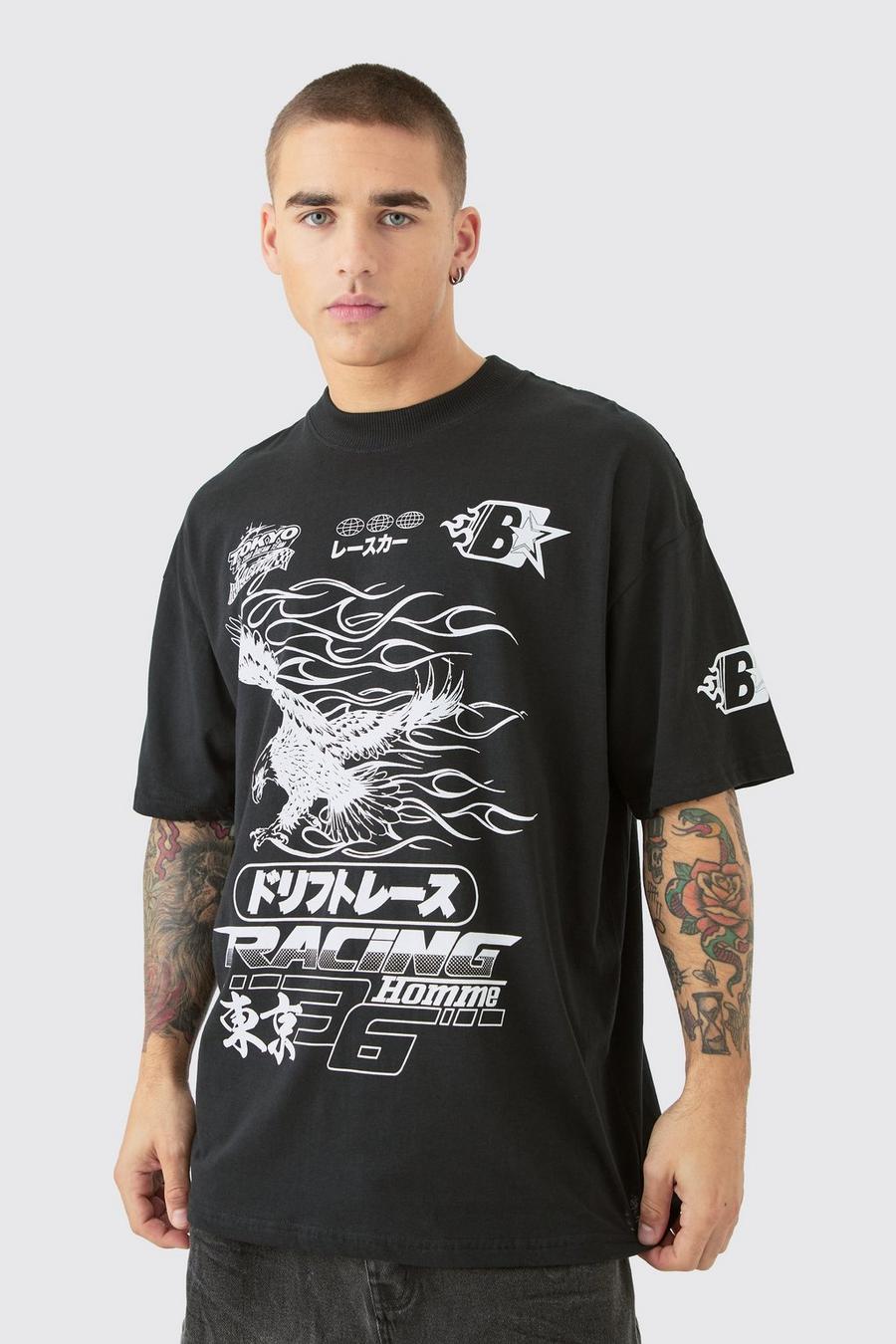 T-shirt oversize stile Varsity con stampa di aquila, Black image number 1