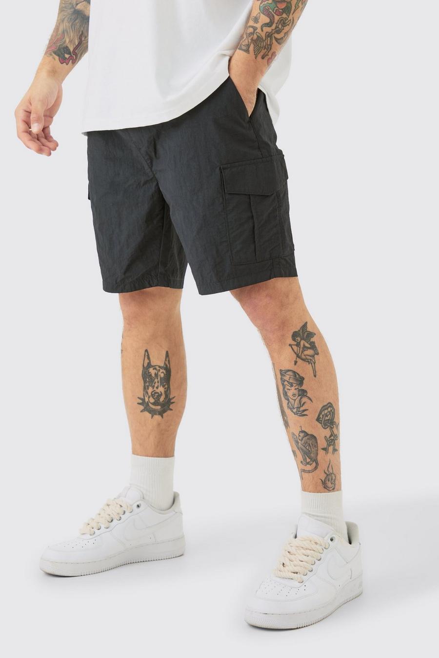 Black Slim Fit Elasticated Waist Nylon Cargo Shorts image number 1