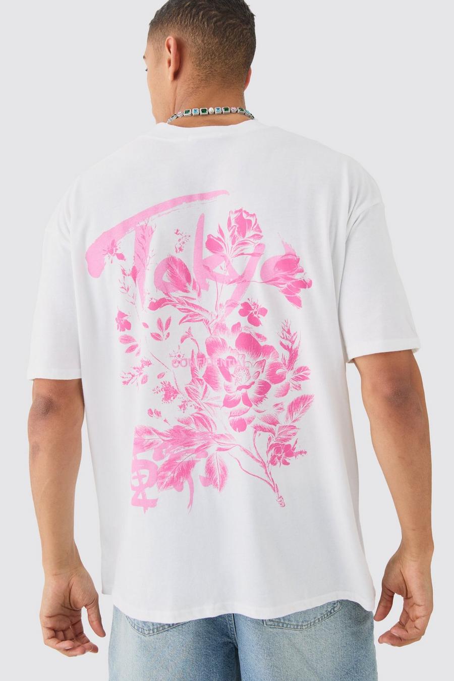 White Oversized Tokyo Extended Neck Floral Back Print T-shirt