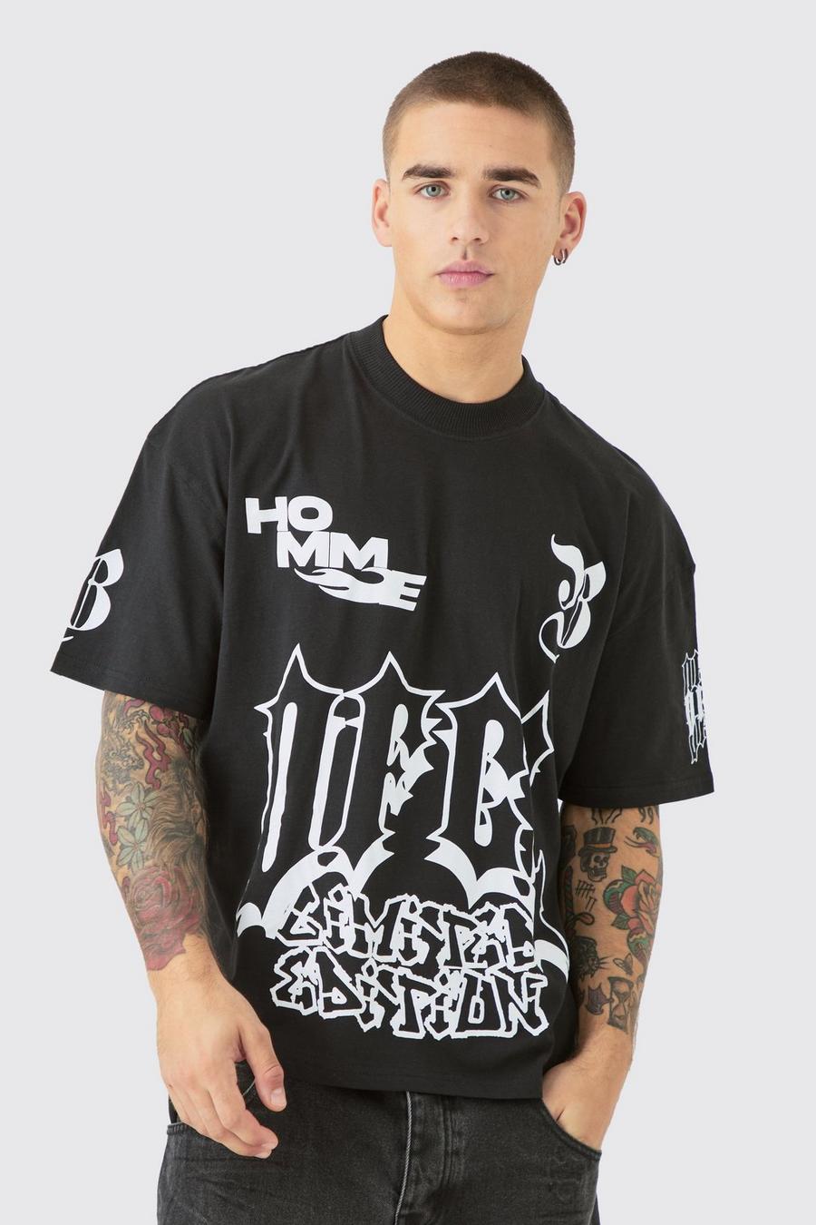 T-shirt squadrata oversize con grafica di moto OFCL e girocollo esteso, Black image number 1