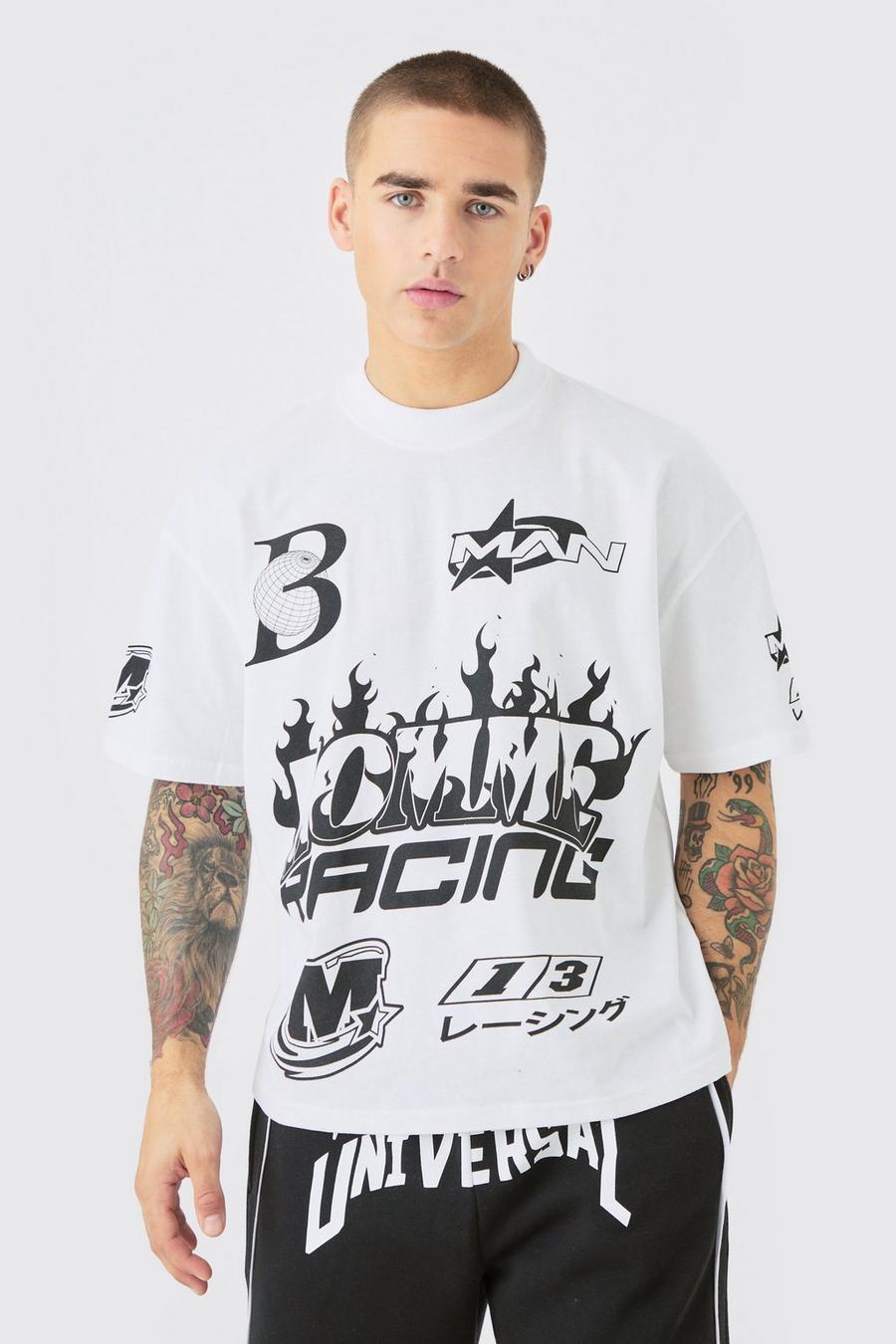 T-shirt squadrata oversize con grafica Homme e girocollo esteso, White image number 1