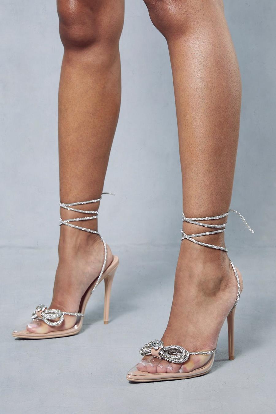 Nude Premium Diamante Bow Lace Up Heels 