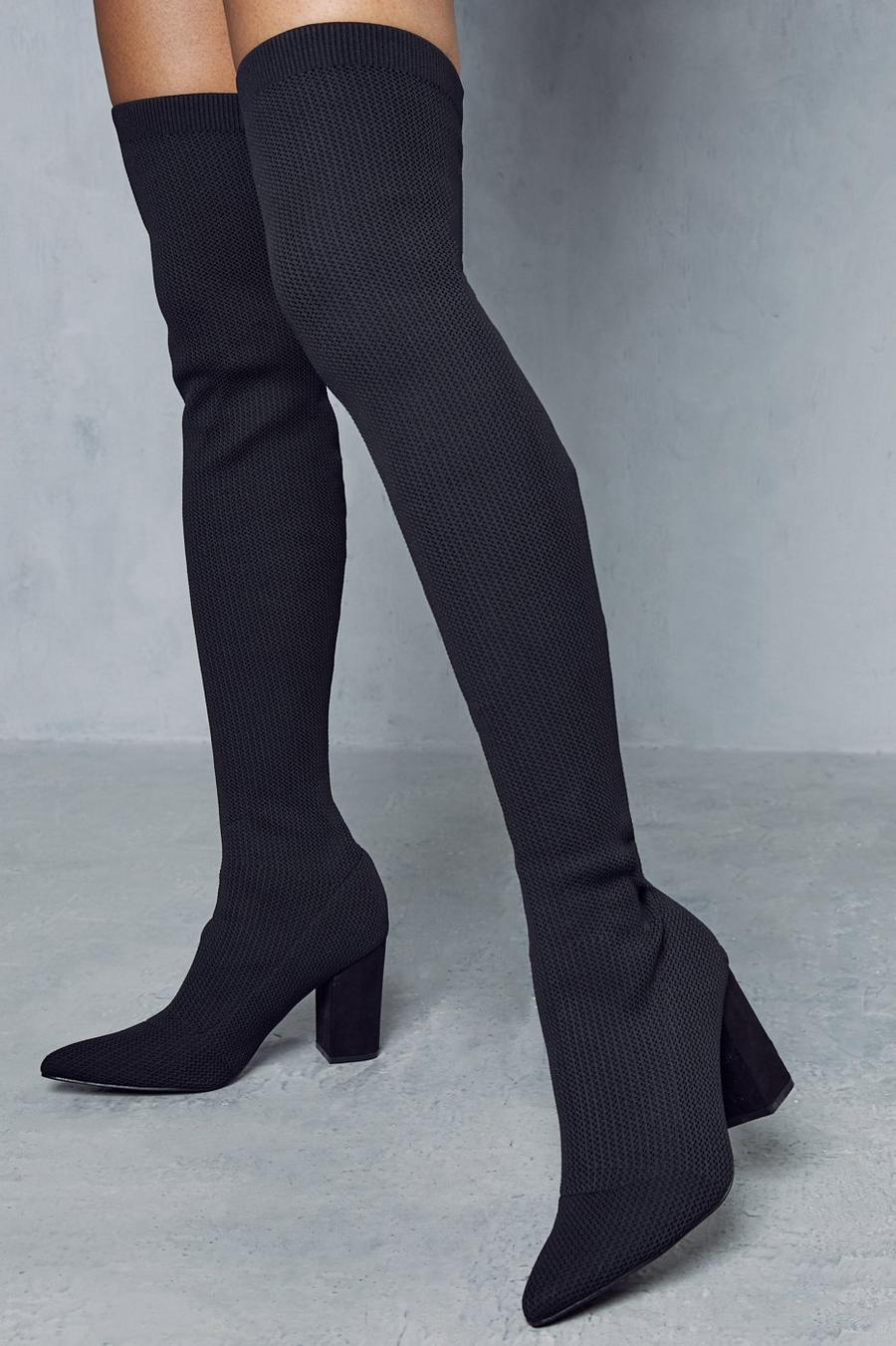Black Over The Knee Stretch Heeled Boots 