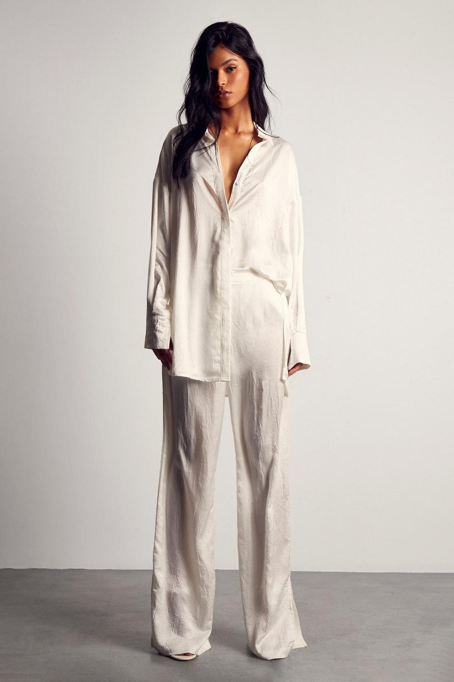 White Textured Crinkle Satin Relaxed Trousers
