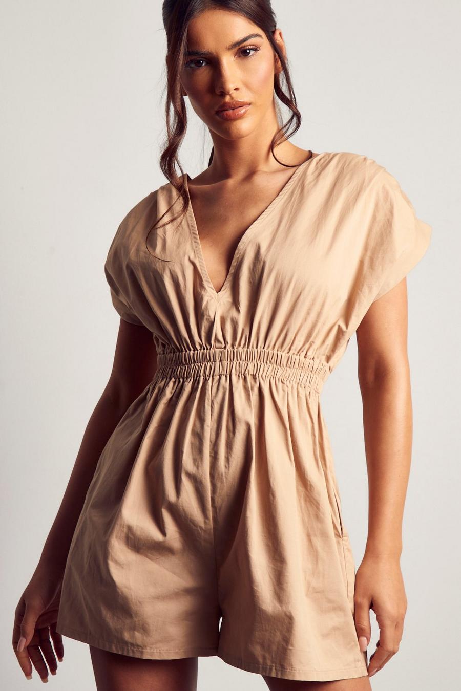 Stone Ruched Waist Plunge Front Playsuit