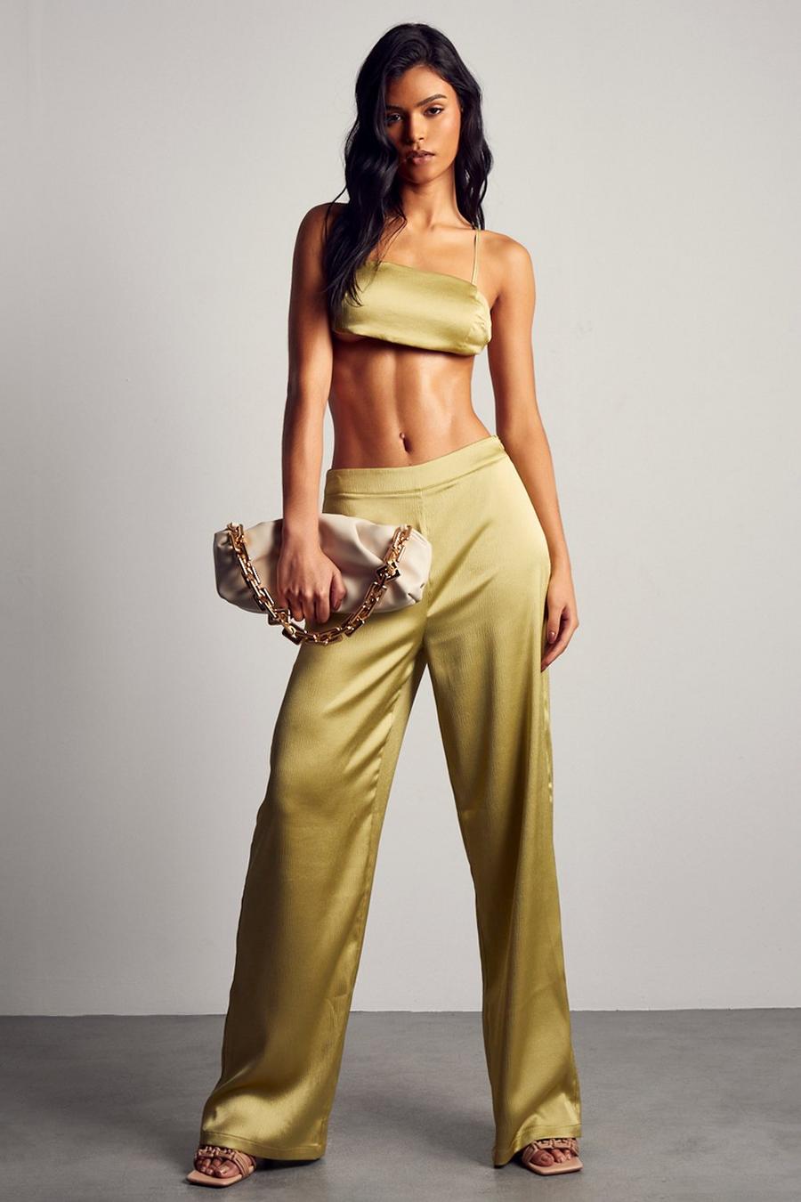 Green Hammered Satin Bralet And Trouser Co-ord 