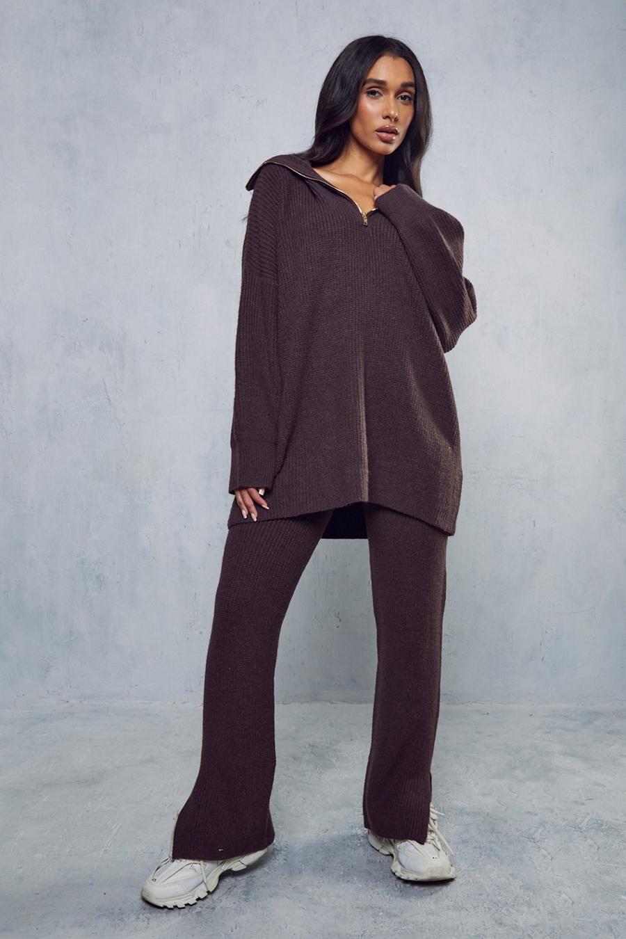Chocolate Oversized Rib Knit Zip Up Co-ord
