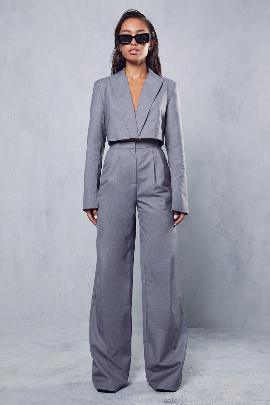 Grey Tailored Wide Leg Trousers