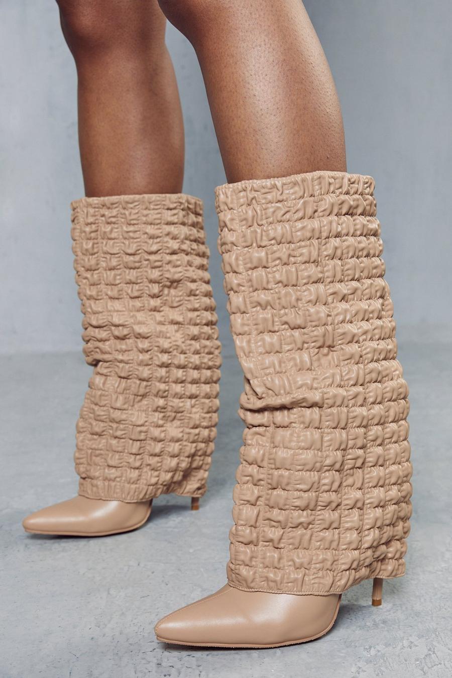 Nude Textured Folded Knee High Boots
