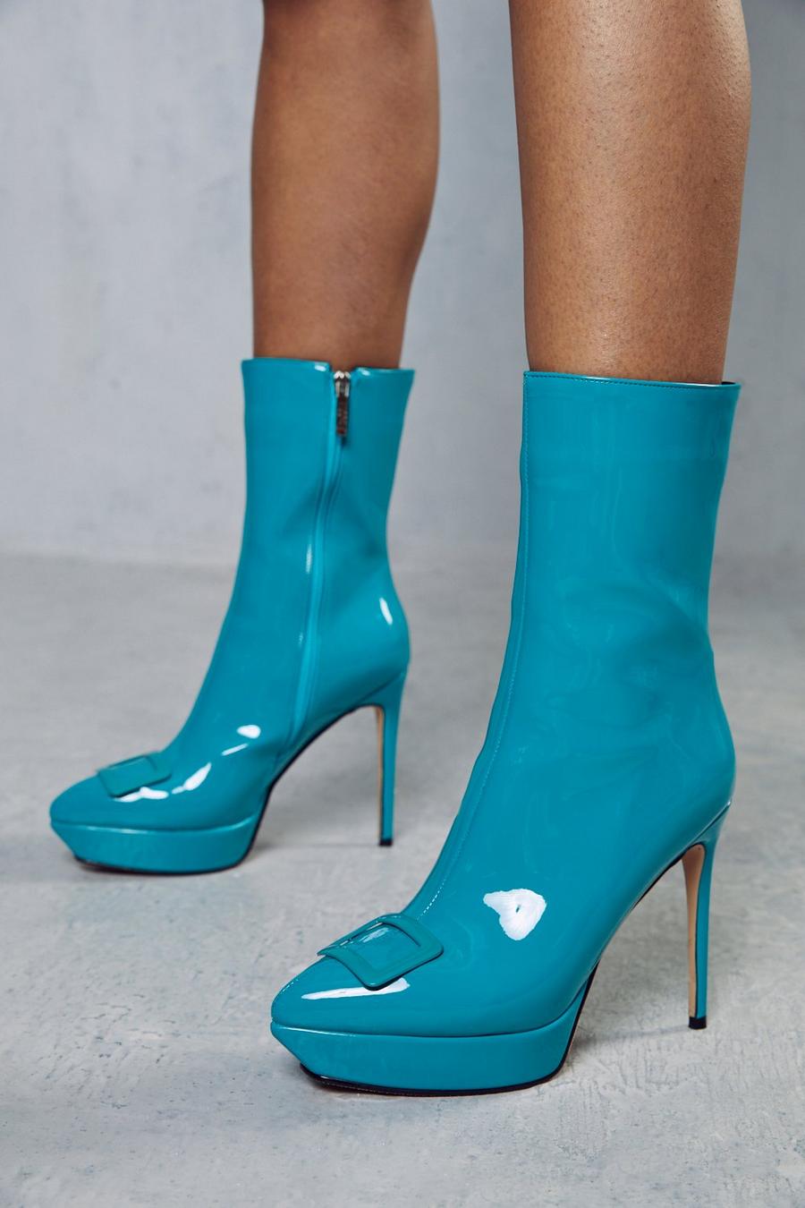 Teal High Shine Buckle Detail Ankle Boots