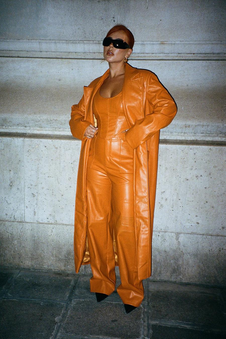 Orange Leather Look Longline Coat