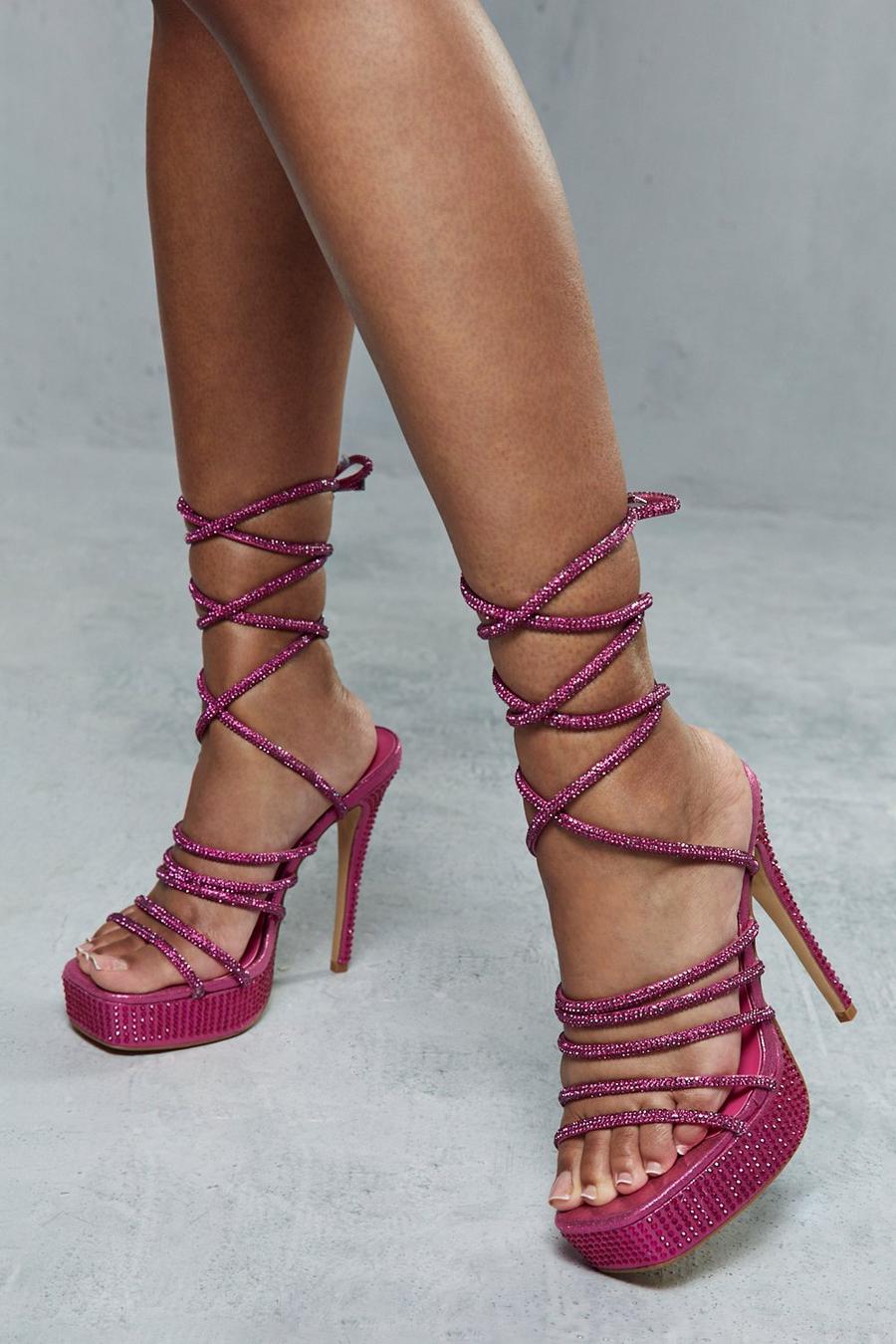 Pink Premium Diamante Platform Strappy Heels 
