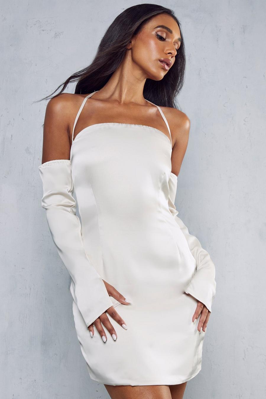 Ivory Premium Satin Halterneck Bardot Split Sleeve Dress