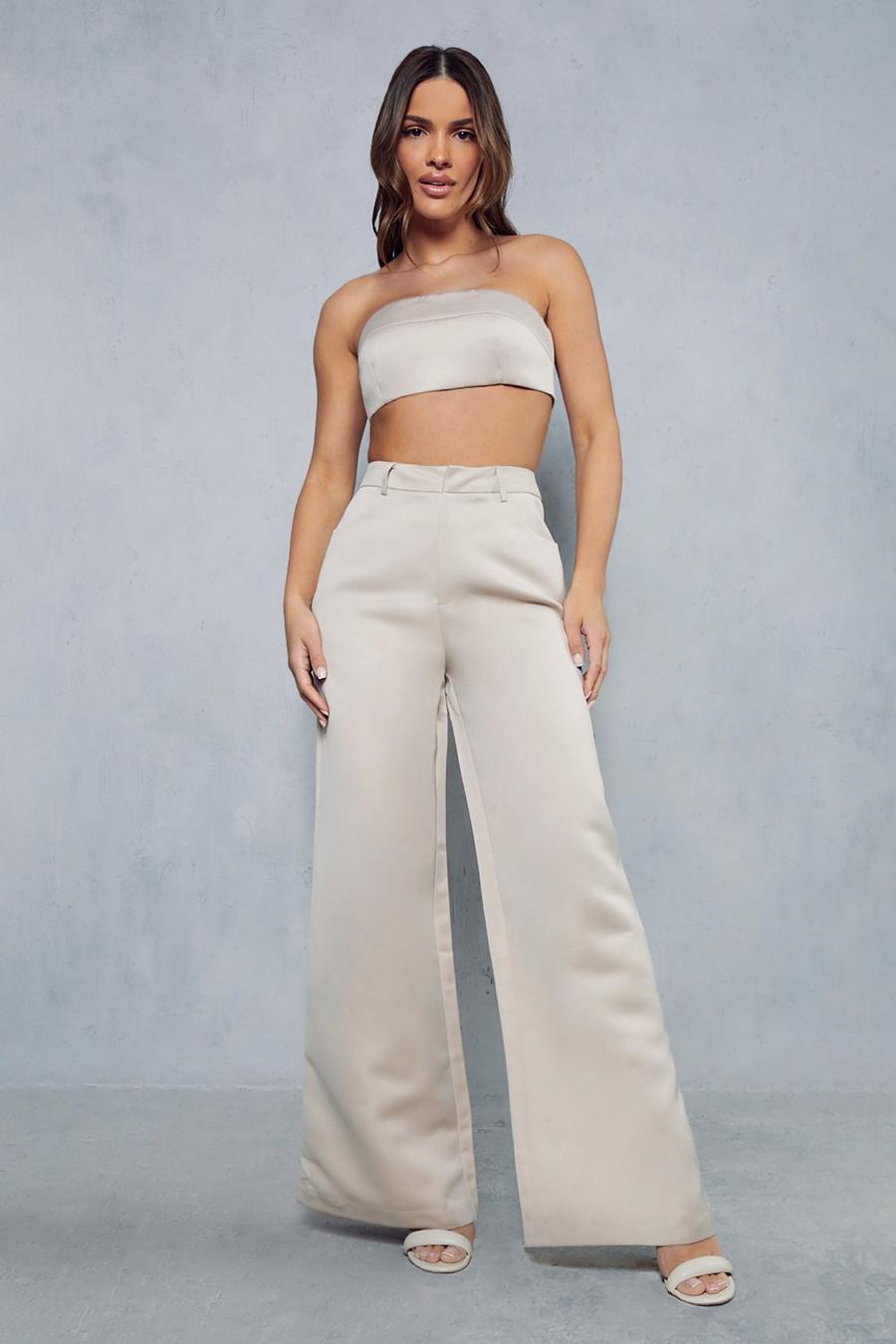 Stone Premium Tailored Satin High Waisted Wide Leg Trousers