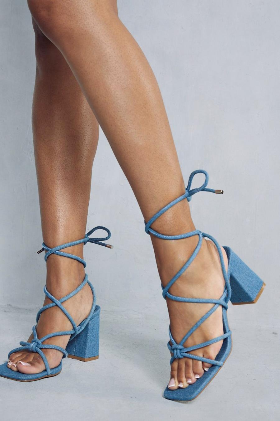 Blue Denim Strappy Block Heel Sandals