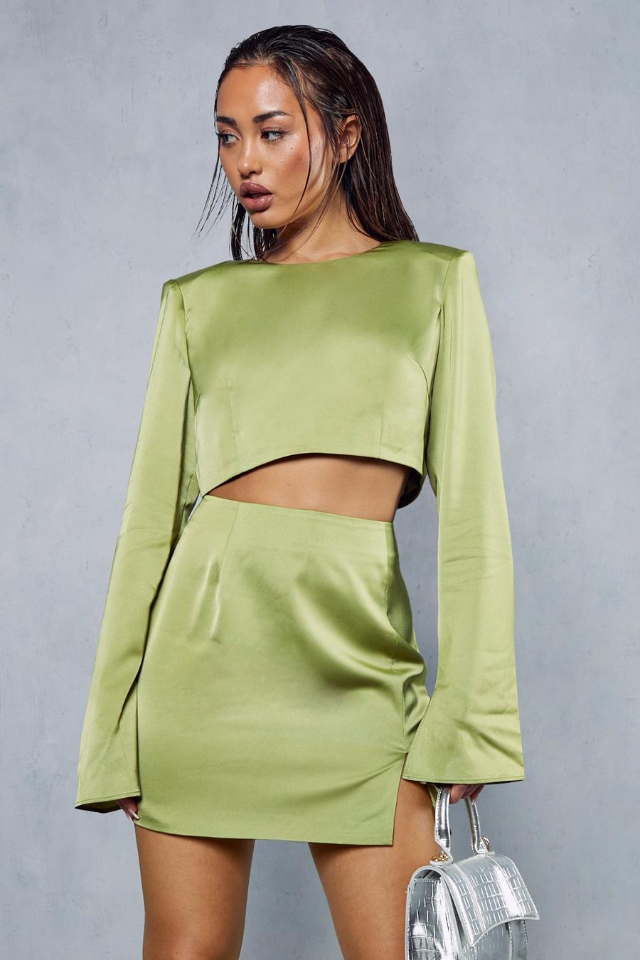 Lime Premium Satin Shoulder Pad Split Skirt Co-ord 