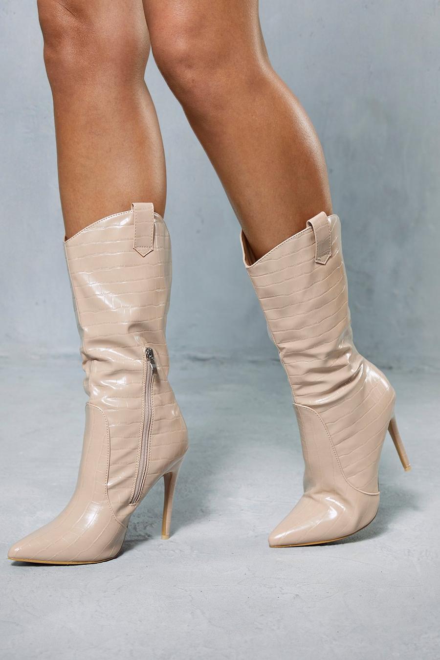 Nude Leather Look Croc Western Heeled Boots