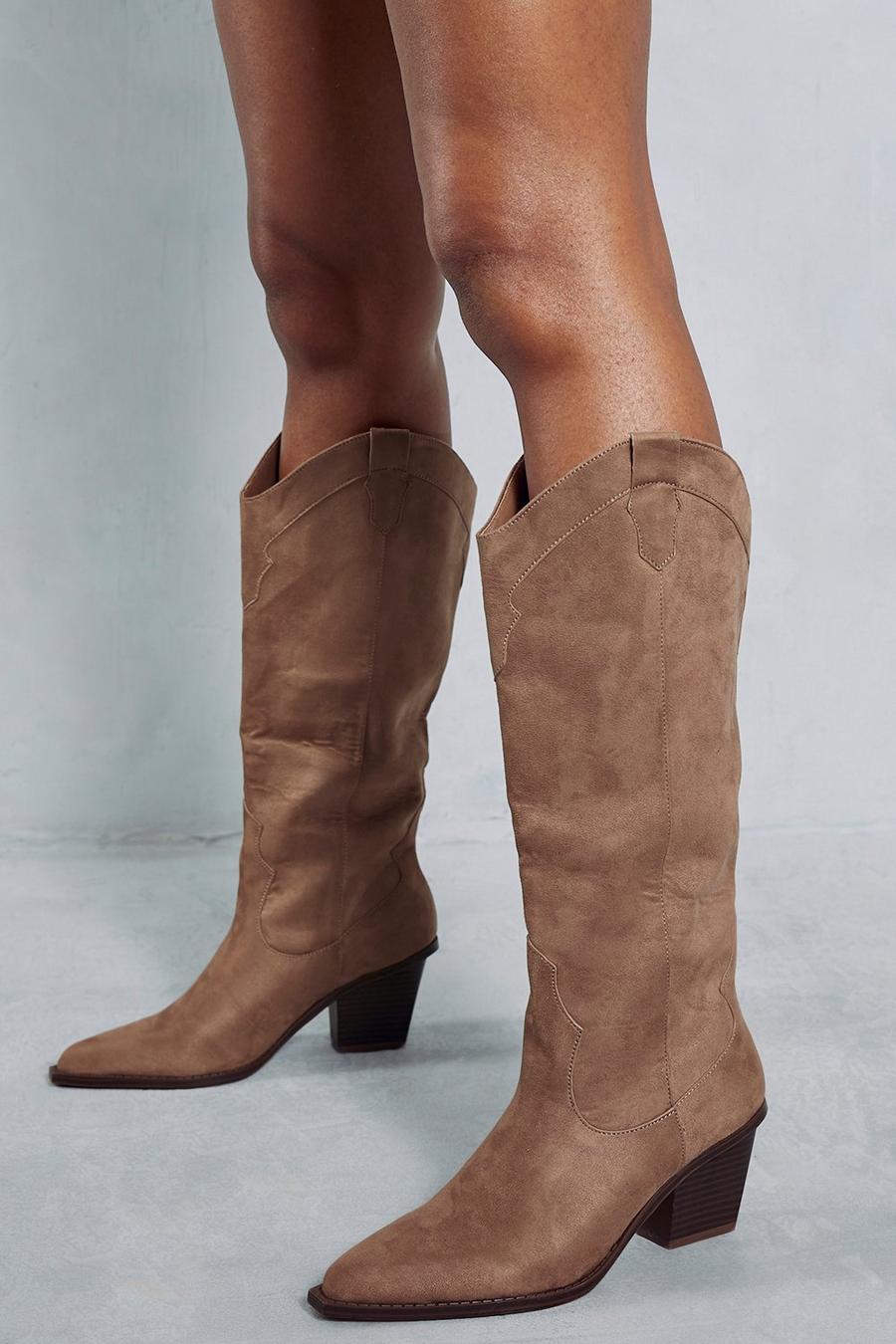 Khaki Faux Suede Knee High Western Boots