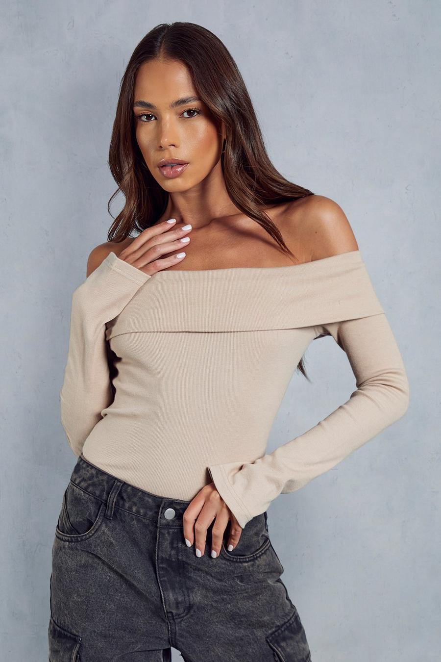 Stone Ribbed Off The Shoulder Long Sleeve Top