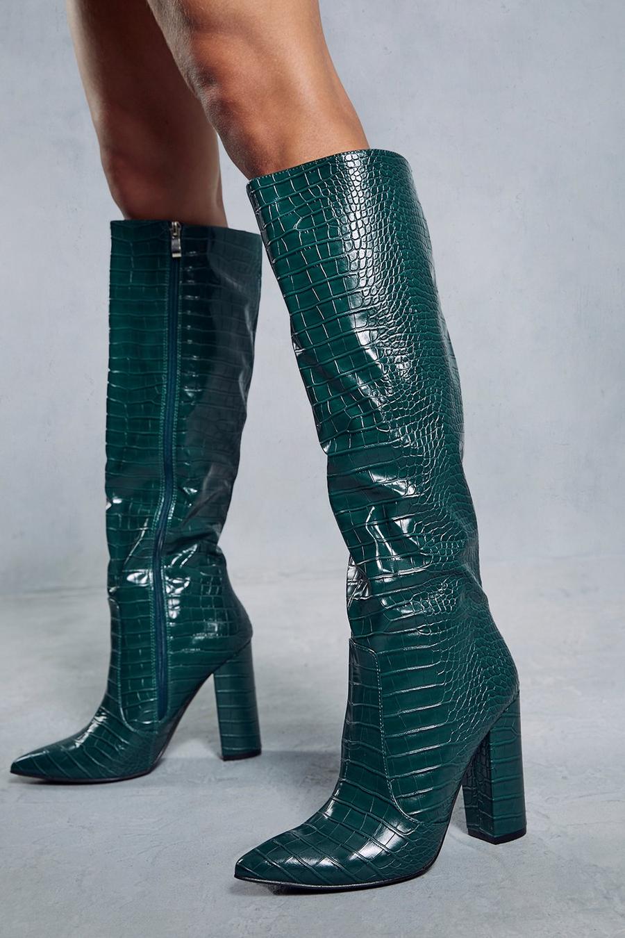 Green Leather Look Knee High Croc Boots