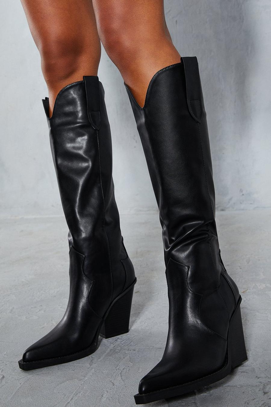 Black Leather Look Knee High Western Boots image number 1