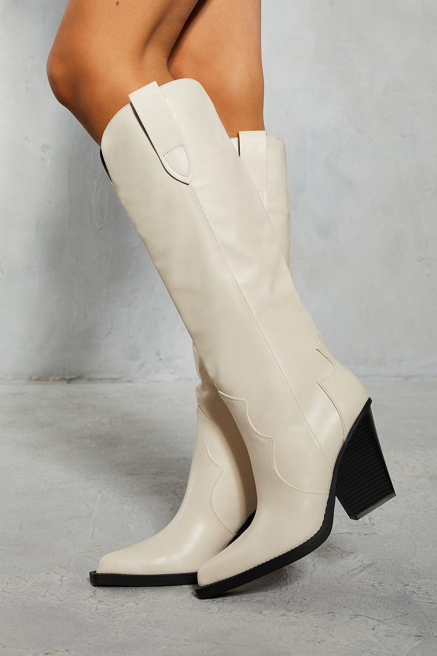 Nude Leather Look Knee High Western Boots