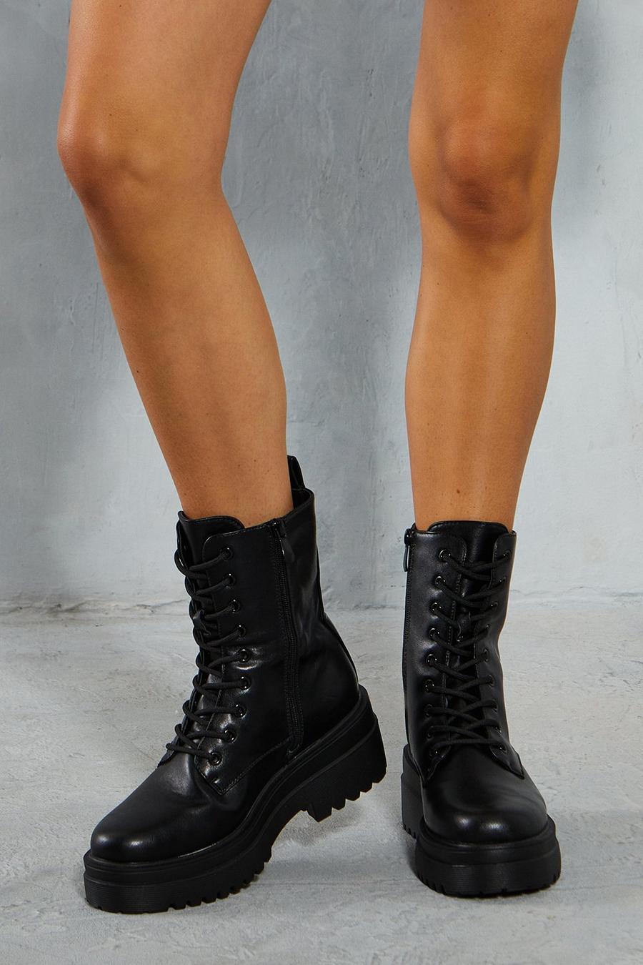 Black Leather Look Lace Up Boots image number 1