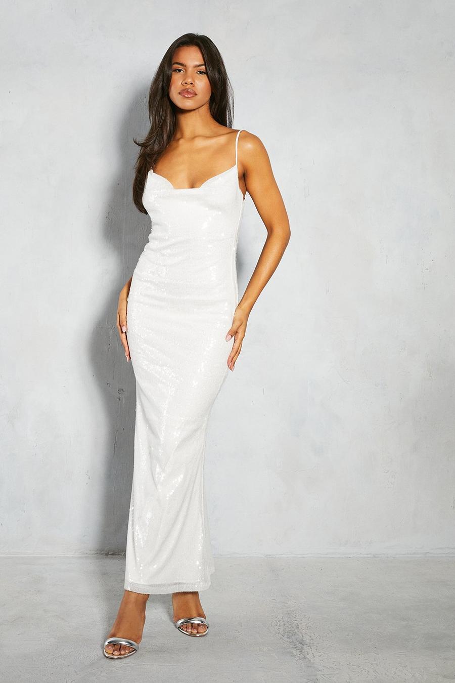Silver Sequin Cowl Neck Backless Strappy Maxi Dress