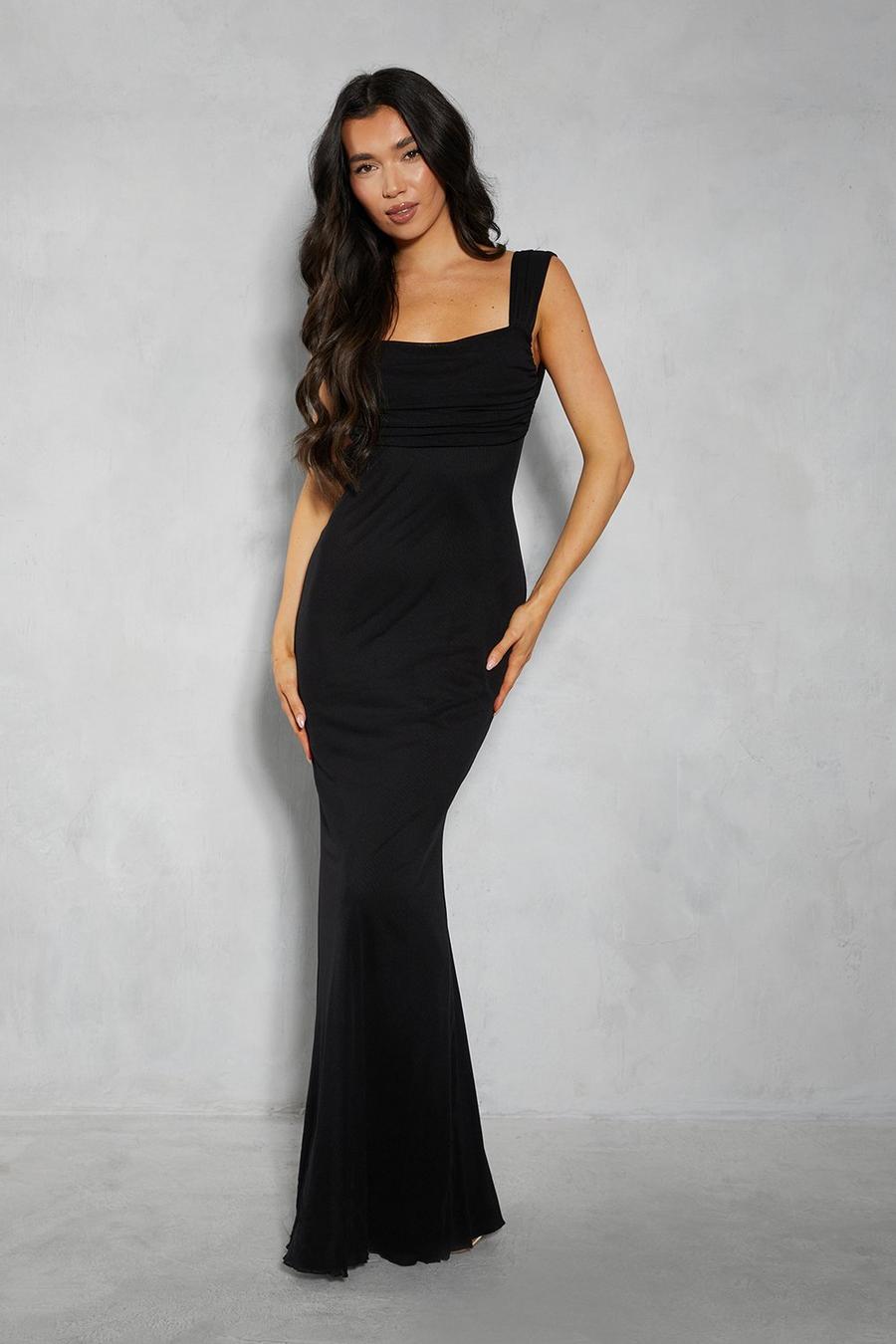 Black Mesh Ruched Bust Lace Up Back Fishtail Maxi Dress