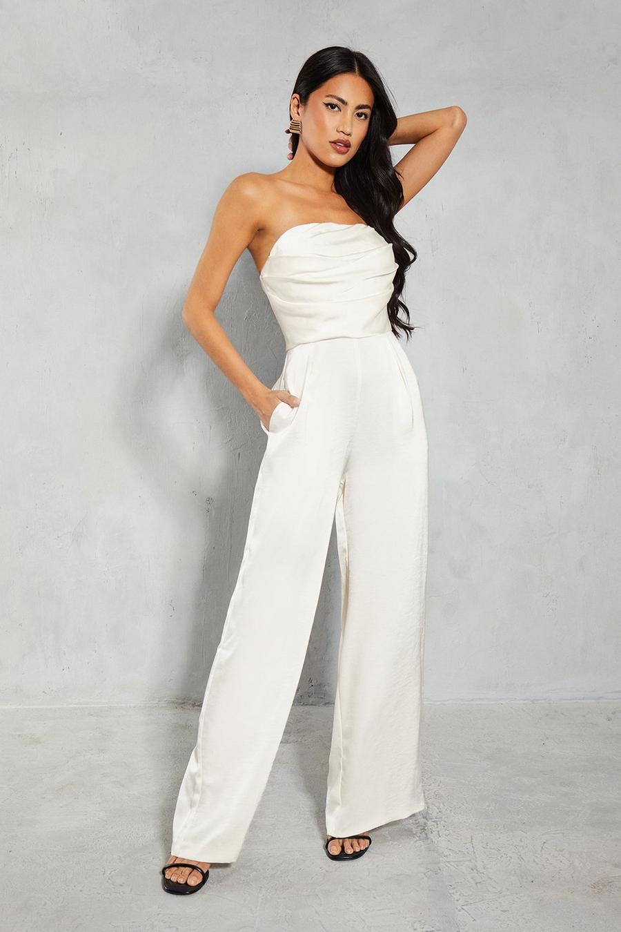 Ivory Satin Bandeau Ruched Bust Straight Leg Jumpsuit 