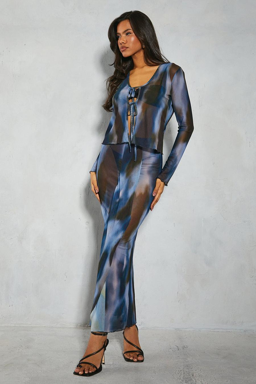 Blue Printed Mesh Tie Detail Top & Maxi Skirt Co-ord 